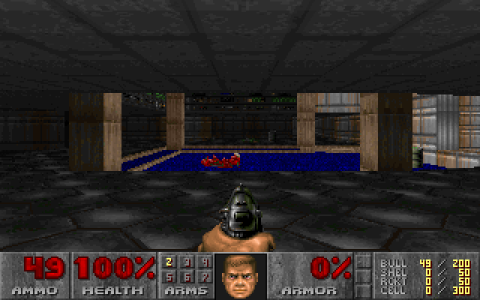 The first room of E1M1, seen through the marine's eyes, with the status bar below